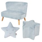 Set canap enfant + pouf toile + coussin dcoratif en velours - lil sofa bleu clair