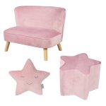Set canap enfant + pouf toile + coussin dcoratif en velours - lil sofa rose pastel