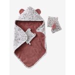 Set cape de bain + gant + lingettes poupon en gaze de coton petites fleurs Set cape de bain + gant + lingettes poupon en gaze de coton petites fleurs