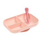 Set repas assiette compartimenté silicone et cuillère 2ème age rose Set repas assiette compartimenté silicone et cuillère 2ème age rose
