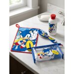 Set de toilette sonic sega : trousse transparente, brosse, gant et flacon transparent et bleu