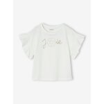 T - shirt crmonie motif fleur en relief lettres pailletes fille blanc