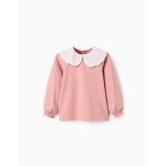 T - shirt avec col  volants en broderie anglaise rose