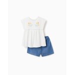T - shirt en coton avec fleurs + short en jean beige clair