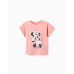 T - shirt en coton avec imprim� minnie et volants saumon