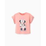 T - shirt en coton avec imprim� minnie et volants saumon