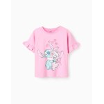T - shirt en coton � imprim� stitch et angel et volants rose