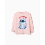 T - shirt en coton � manches longues avec imprim� stitch rose