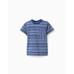 T - shirt en coton � rayures et poche poitrine bleu fonc�