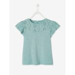 T - shirt fille dtails en broderie anglaise vert ple