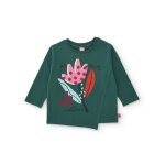 T - shirt fille en jersey � pompons en relief et motif floral vert