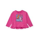 T - shirt fille en jersey � volants et motif illustr� rose