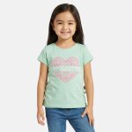 T - shirt fille manches courtes avec dessin vert menthe