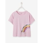 T - shirt fille motif arc en ciel en paillettes et sequins violet clair uni avec decor