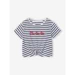 T - shirt fille d�tail noeud fantaisie ray� bleu