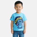 T - shirt manches courtes imprim�, col rond lilo & stitch bleu ciel