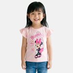 T - shirt � manches volant�es imprim�, col rond minnie rose p�le