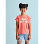 T - shirt � message motifs fleurs fille corail