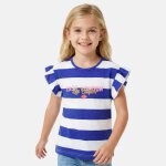 T - shirt ray� � manches volant�es imprim�, col rond bleu roi