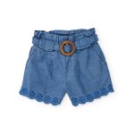 Short pour fille en toile avec broderies florales bleu