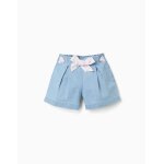 Short en jean avec ceinture fleurie et taille paperbag bleu clair