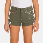 Short en jeans fille avec decor tress� kaki