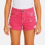 Short en jeans fille avec decor tress� rose