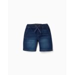 Short midi en jean � enfiler avec cordon bleu fonc�