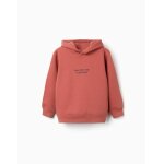 Sweat en coton peign� � capuche avec imprim� marron