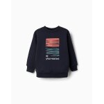 Sweat en coton peign� avec imprim� en relief bleu fonc�