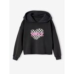 Sweat court à capuche sport fille motif coeur damier anthracite Sweat court à capuche sport fille motif coeur damier anthracite