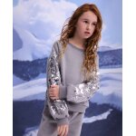 Sweat - shirt fille en molleton avec design floral en sequins sur les manches gris