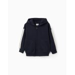 Sweat zipp� en coton avec capuche et bande � rayures bleu fonc�