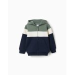 Sweat zipp� en coton peign� � capuche et bloc de couleurs vert fonc�
