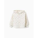 Sweat zipp� en coton peign� � capuche et motif floral blanc