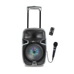 Systeme karaoke bluetooth avec roulettes, lumières et micro multicolore Systeme karaoke bluetooth avec roulettes, lumières et micro multicolore