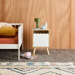 Table de chevet enfant d�cor bois 1 porte, pieds bois de pin - 34 x 23, 5 x 52 cm - azur blanc