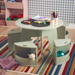 Table effet ardoise et 4 chaises avec rangement pour enfant vert