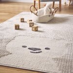 Tapis enfant beige / cr�me, tapis int�rieur petit ourson, poils ras, tapis fris� tr�s doux beige
