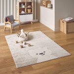 Tapis enfant beige / cr�me, tapis int�rieur petit ourson, poils ras, tapis fris� tr�s doux beige