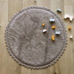 Tapis rond coton lavable finition crochet perla gris