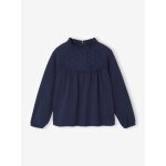 Tee - shirt blouse fille d�tail broderie anglaise manches longues marine