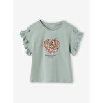 Tee - shirt fille motif romantique manches courtes � volant vert sauge