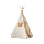 Tente tipi pompoms avec tapis en coton beige