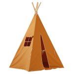 Tente tipi avec pompoms et tapis ochre en coton orange