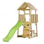 Tour de jeux bois : toboggan, escalade, cabane, table et bac � sable wiki marron