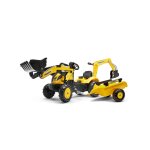 Tractopelle � p�dales avec excavatrice arri�re et remorque jaune komatsu