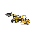 Tractopelle � p�dales avec excavatrice arri�re et remorque jaune komatsu