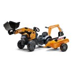 Tractopelle  pdales avec excavatrice arrire et remorque orange