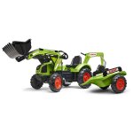 Tractopelle � p�dales avec excavatrice arri�re et remorque vert